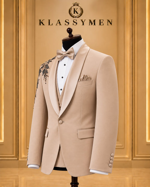 Beige Embroidered Shawl-Lapel Tuxedo Jacket