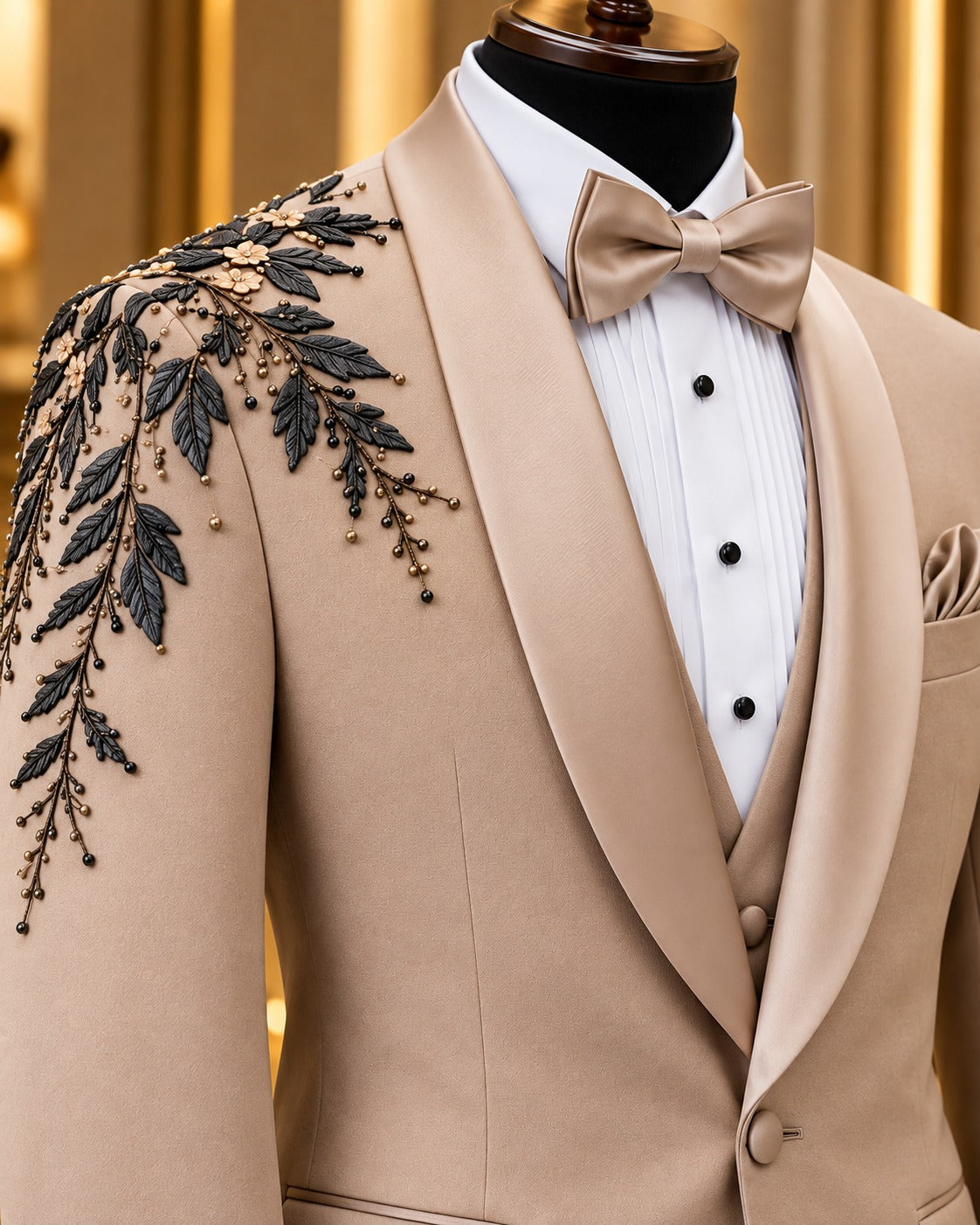 Beige Embroidered Shawl-Lapel Tuxedo Jacket