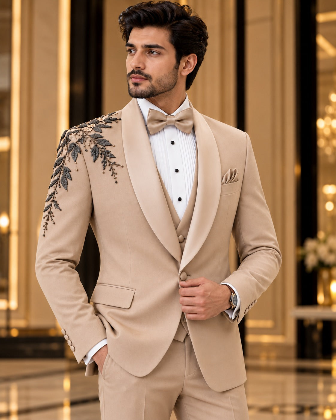 Beige Embroidered Shawl-Lapel Tuxedo Jacket