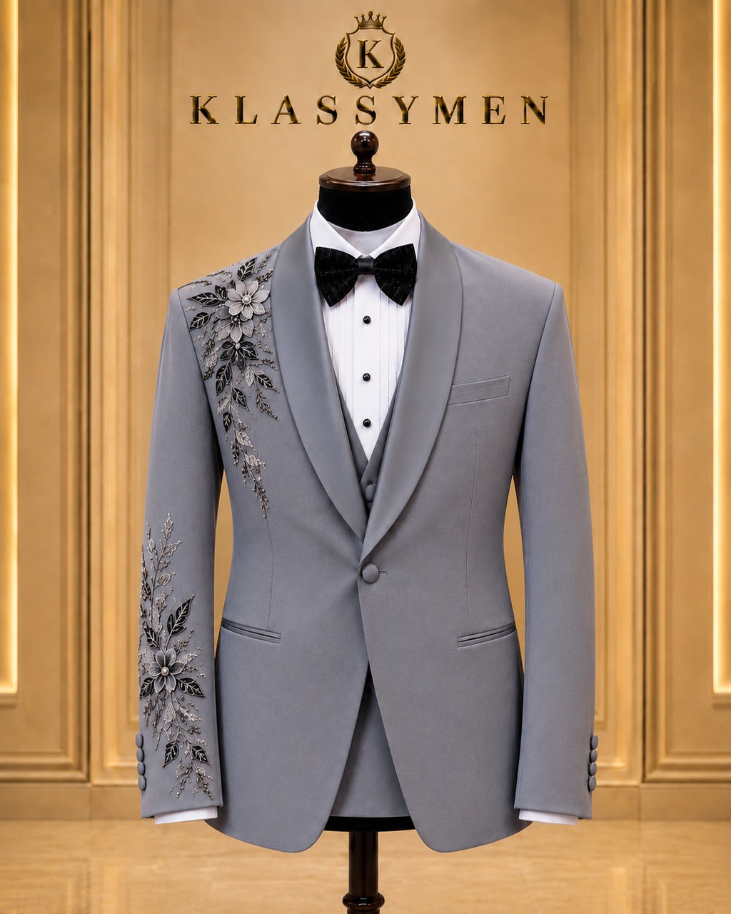 Gray Floral-Embellished Shawl-Lapel Tuxedo Jacket