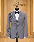Gray Floral-Embellished Shawl-Lapel Tuxedo Jacket