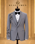 Gray Floral-Embellished Shawl-Lapel Tuxedo Jacket