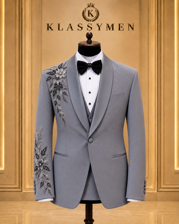 Gray Floral-Embellished Shawl-Lapel Tuxedo Jacket