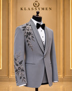 Gray Floral-Embellished Shawl-Lapel Tuxedo Jacket