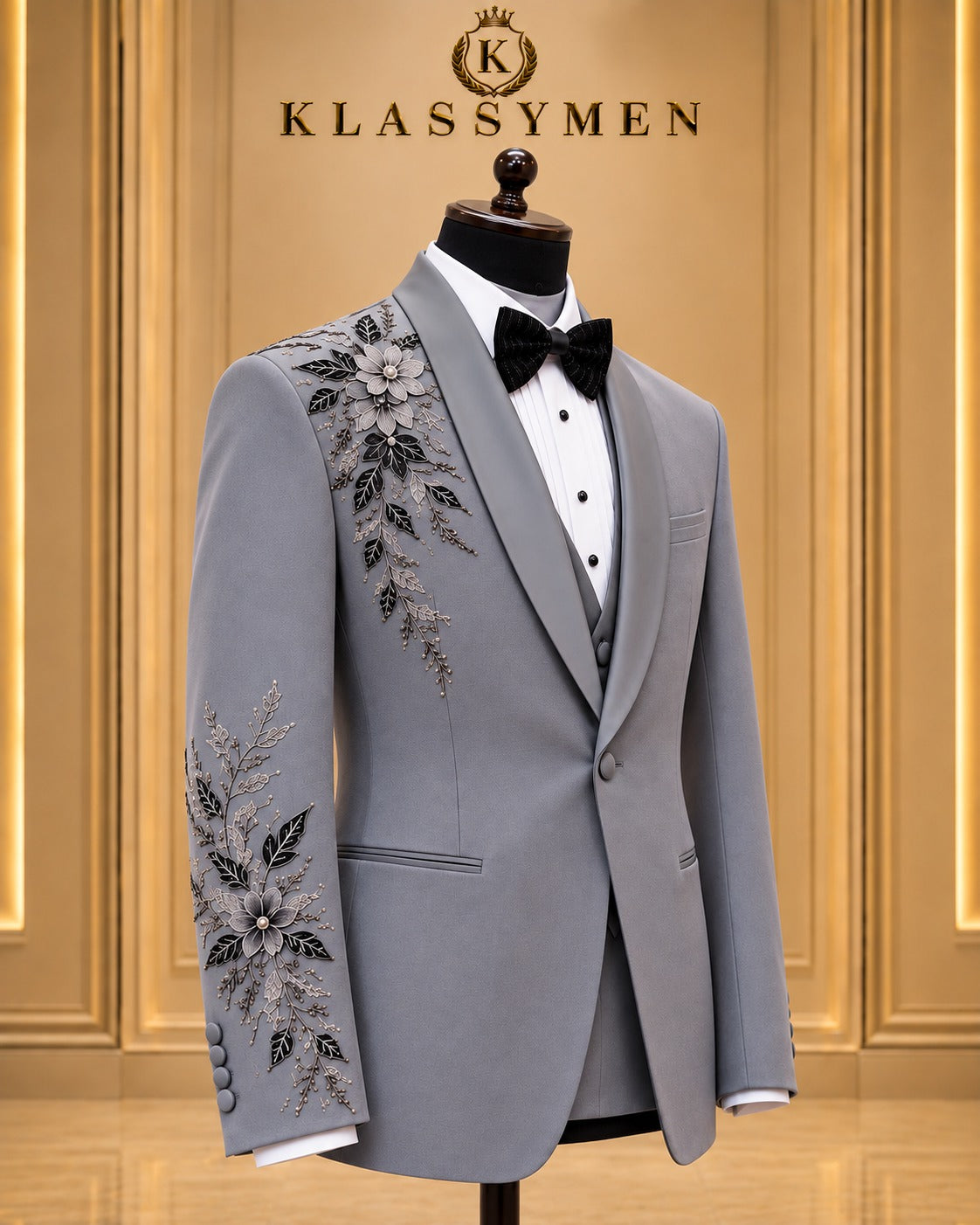 Gray Floral-Embellished Shawl-Lapel Tuxedo Jacket