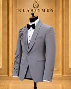 Gray Floral-Embellished Shawl-Lapel Tuxedo Jacket