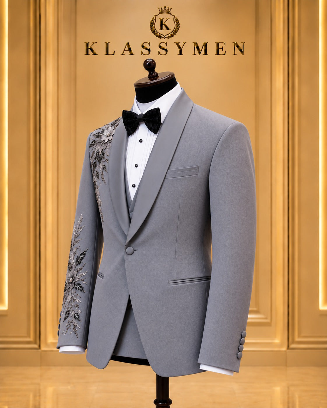 Gray Floral-Embellished Shawl-Lapel Tuxedo Jacket
