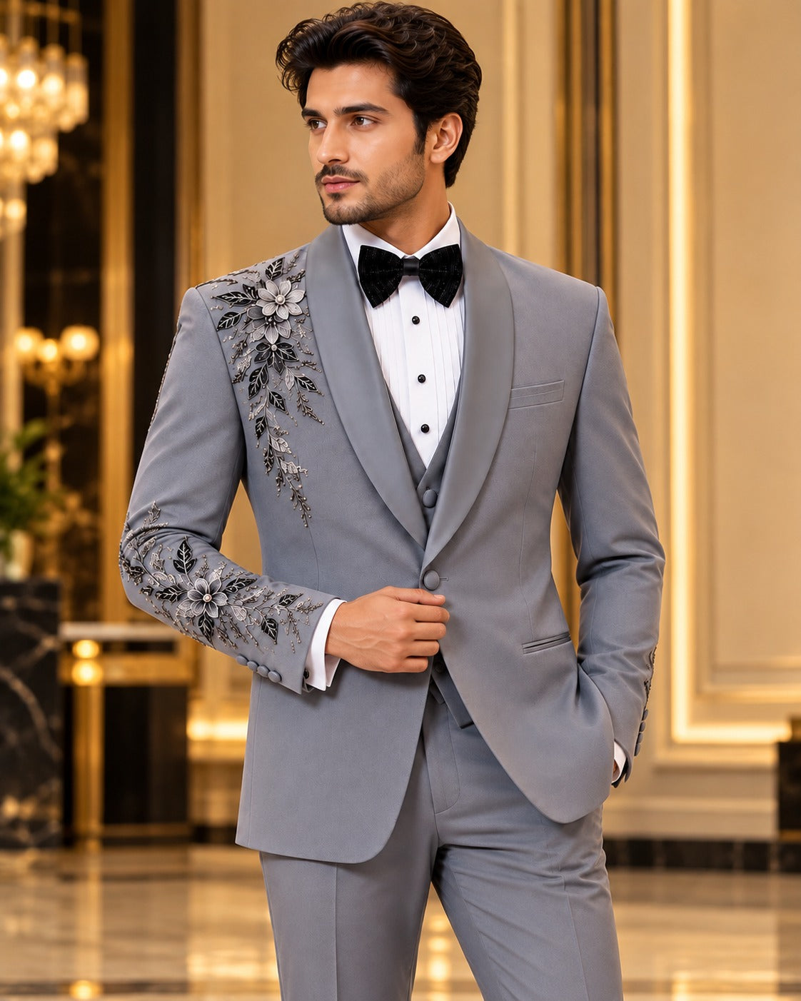 Gray Floral-Embellished Shawl-Lapel Tuxedo Jacket