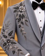 Gray Floral-Embellished Shawl-Lapel Tuxedo Jacket