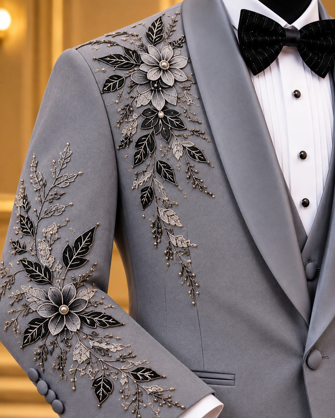 Gray Floral-Embellished Shawl-Lapel Tuxedo Jacket