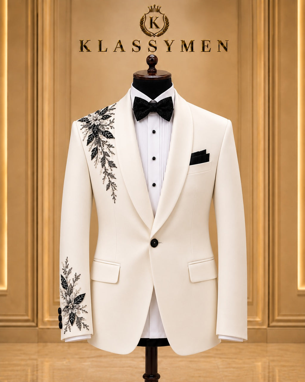 Ivory Floral-Embellished Shawl-Lapel Tuxedo Jacket