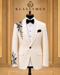 Ivory Floral-Embellished Shawl-Lapel Tuxedo Jacket