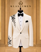 Ivory Floral-Embellished Shawl-Lapel Tuxedo Jacket