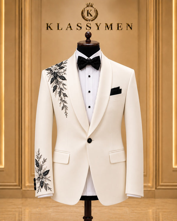 Ivory Floral-Embellished Shawl-Lapel Tuxedo Jacket