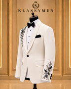 Ivory Floral-Embellished Shawl-Lapel Tuxedo Jacket