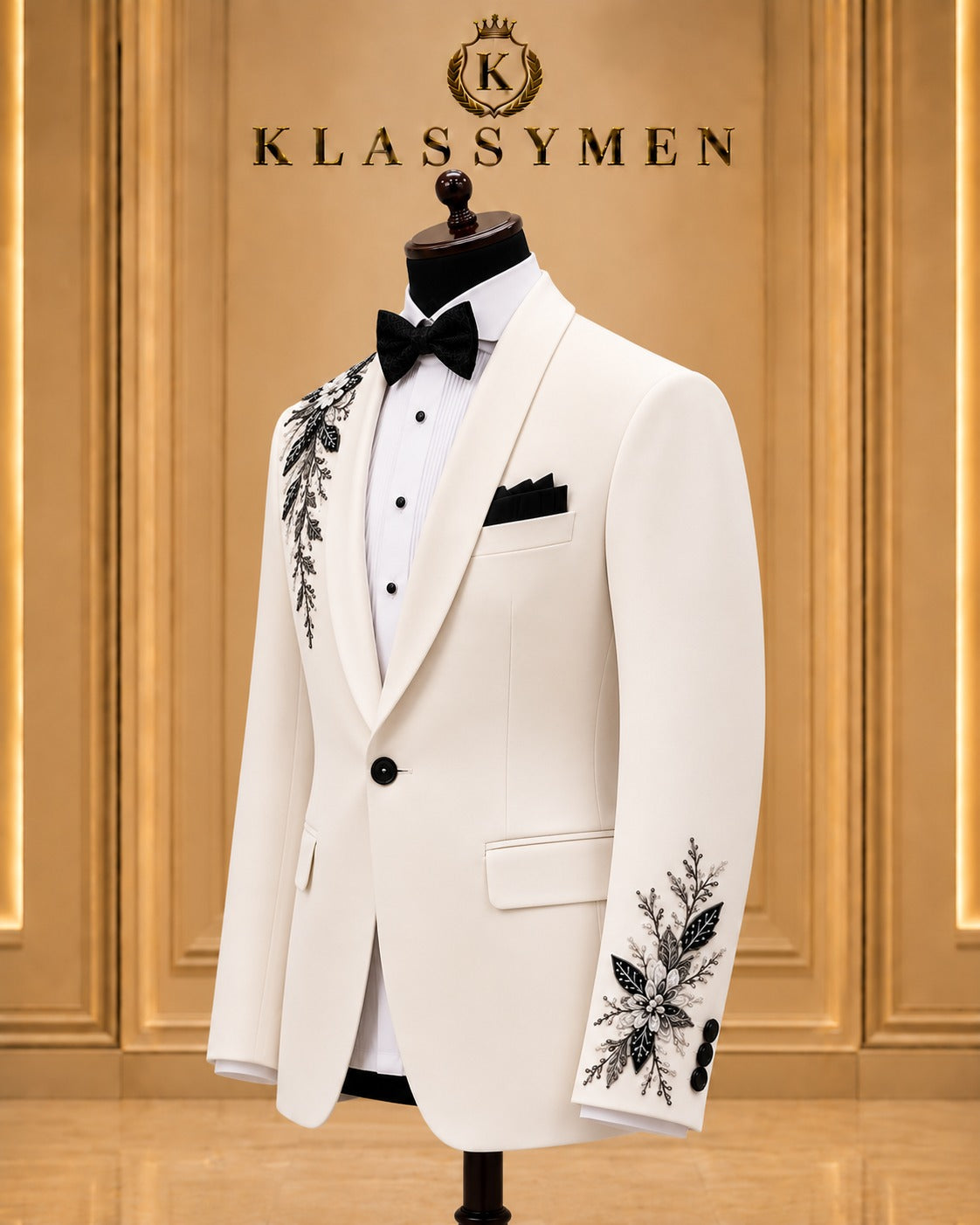 Ivory Floral-Embellished Shawl-Lapel Tuxedo Jacket