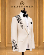 Ivory Floral-Embellished Shawl-Lapel Tuxedo Jacket
