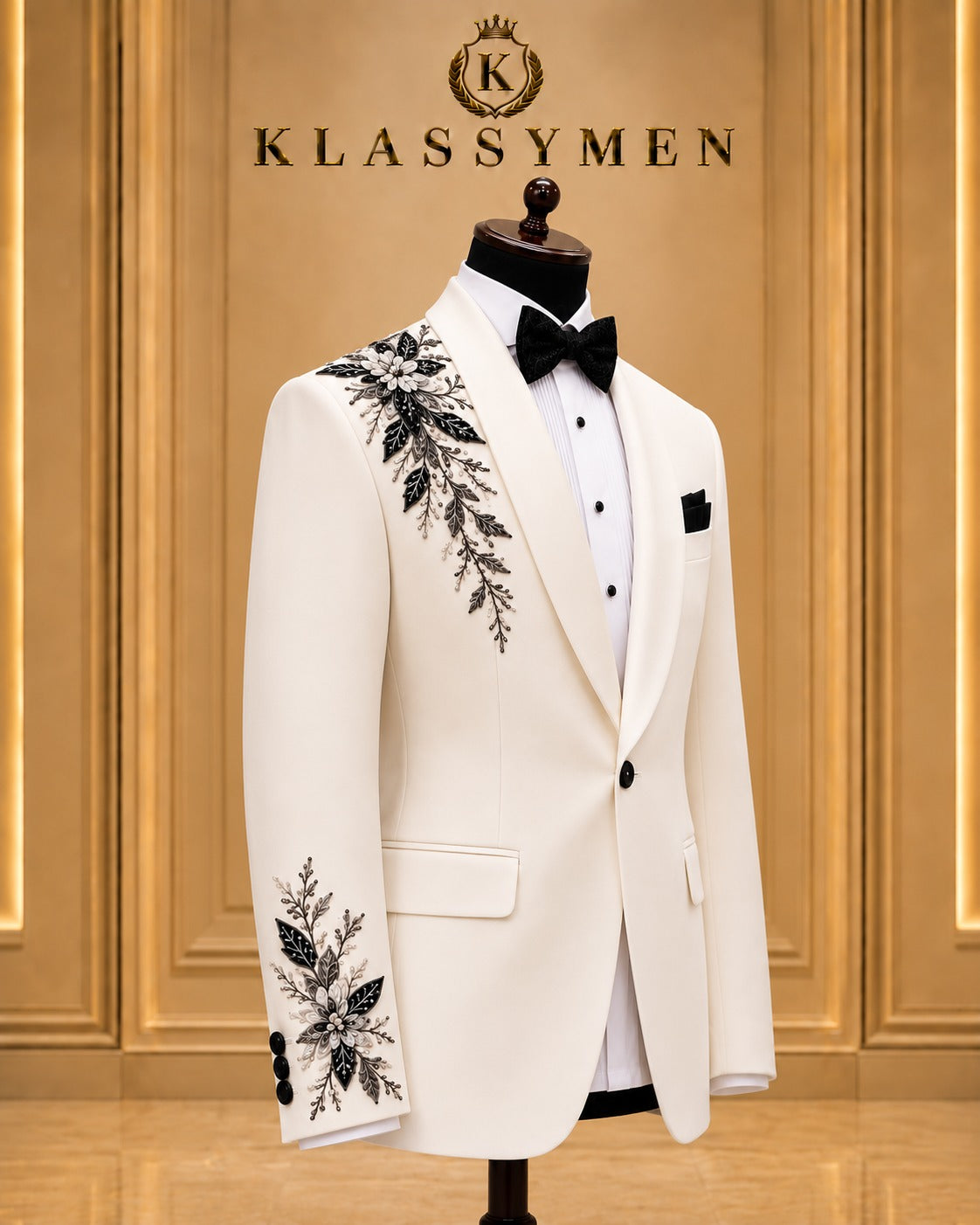 Ivory Floral-Embellished Shawl-Lapel Tuxedo Jacket