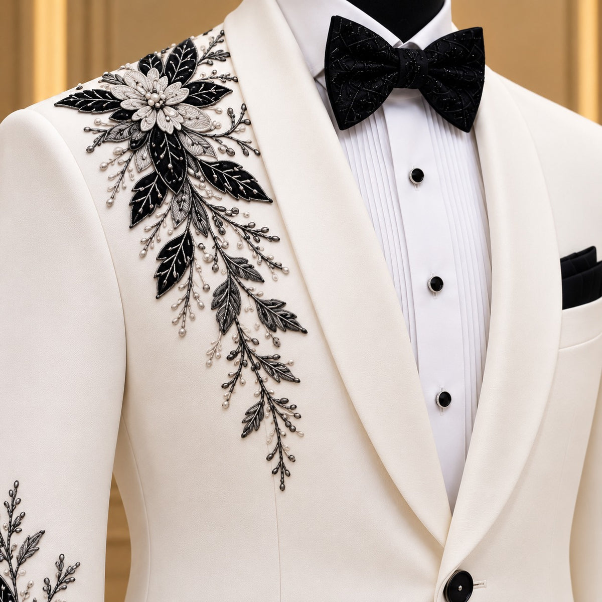 Ivory Floral-Embellished Shawl-Lapel Tuxedo Jacket