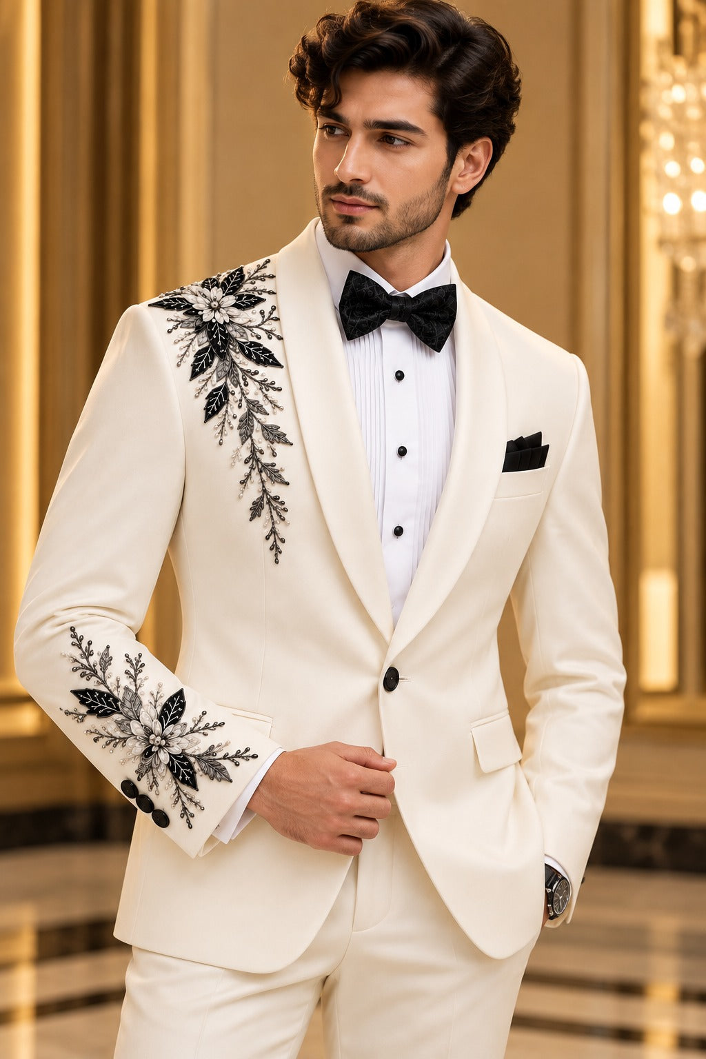 Ivory Floral-Embellished Shawl-Lapel Tuxedo Jacket
