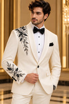 Ivory Floral-Embellished Shawl-Lapel Tuxedo Jacket