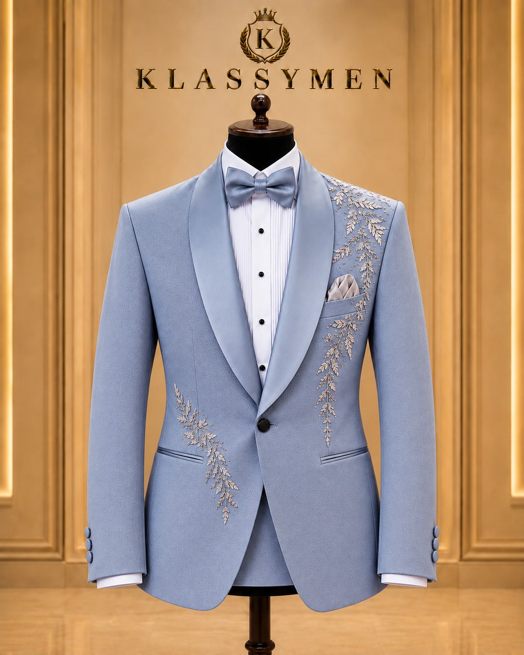 Light Blue Botanical-Embellished Shawl-Lapel Tuxedo Jacket
