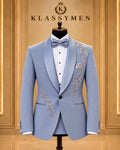 Light Blue Botanical-Embellished Shawl-Lapel Tuxedo Jacket
