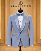 Light Blue Botanical-Embellished Shawl-Lapel Tuxedo Jacket