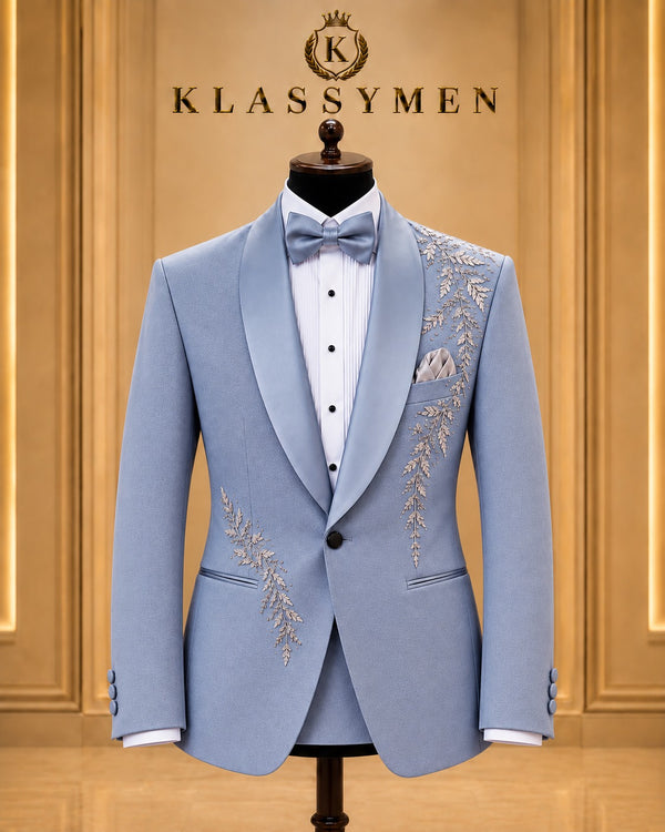 Light Blue Botanical-Embellished Shawl-Lapel Tuxedo Jacket
