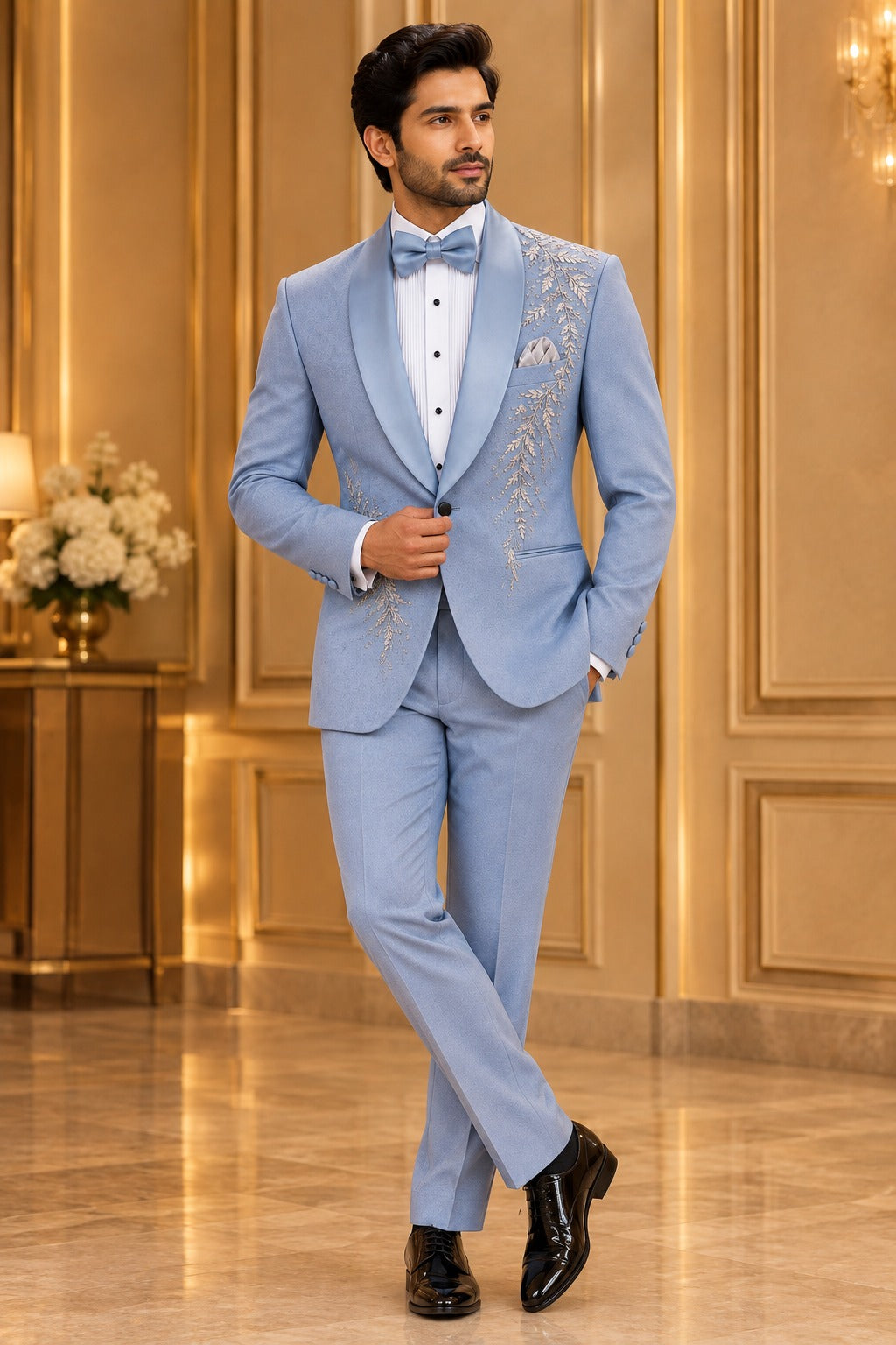 Light Blue Botanical-Embellished Shawl-Lapel Tuxedo Jacket