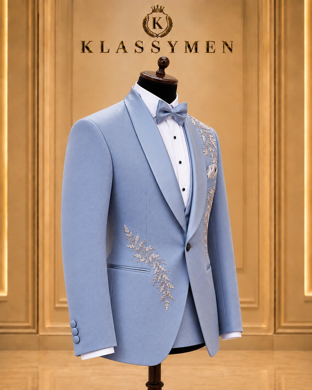 Light Blue Botanical-Embellished Shawl-Lapel Tuxedo Jacket