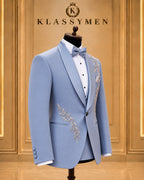 Light Blue Botanical-Embellished Shawl-Lapel Tuxedo Jacket