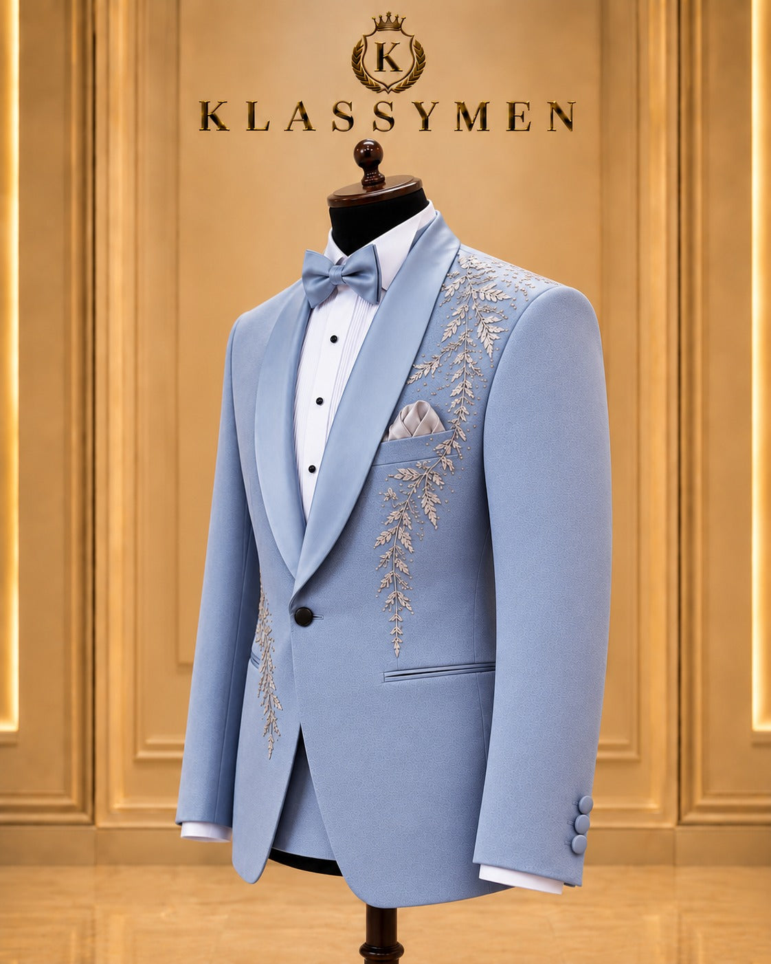 Light Blue Botanical-Embellished Shawl-Lapel Tuxedo Jacket