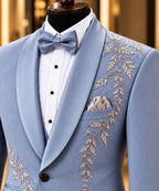 Light Blue Botanical-Embellished Shawl-Lapel Tuxedo Jacket