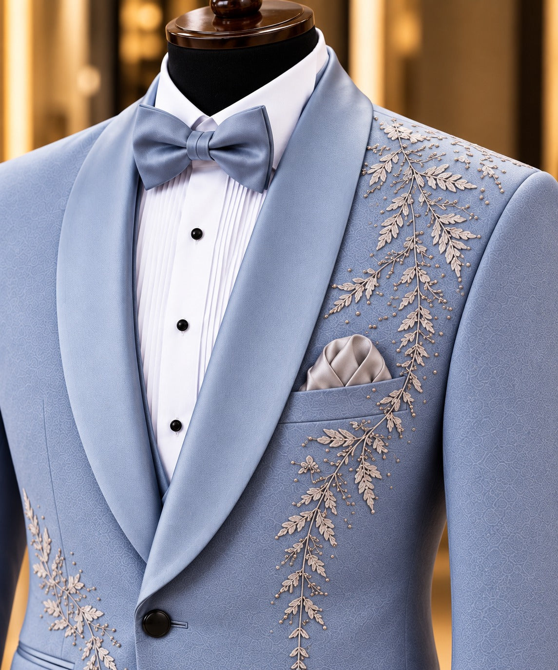 Light Blue Botanical-Embellished Shawl-Lapel Tuxedo Jacket