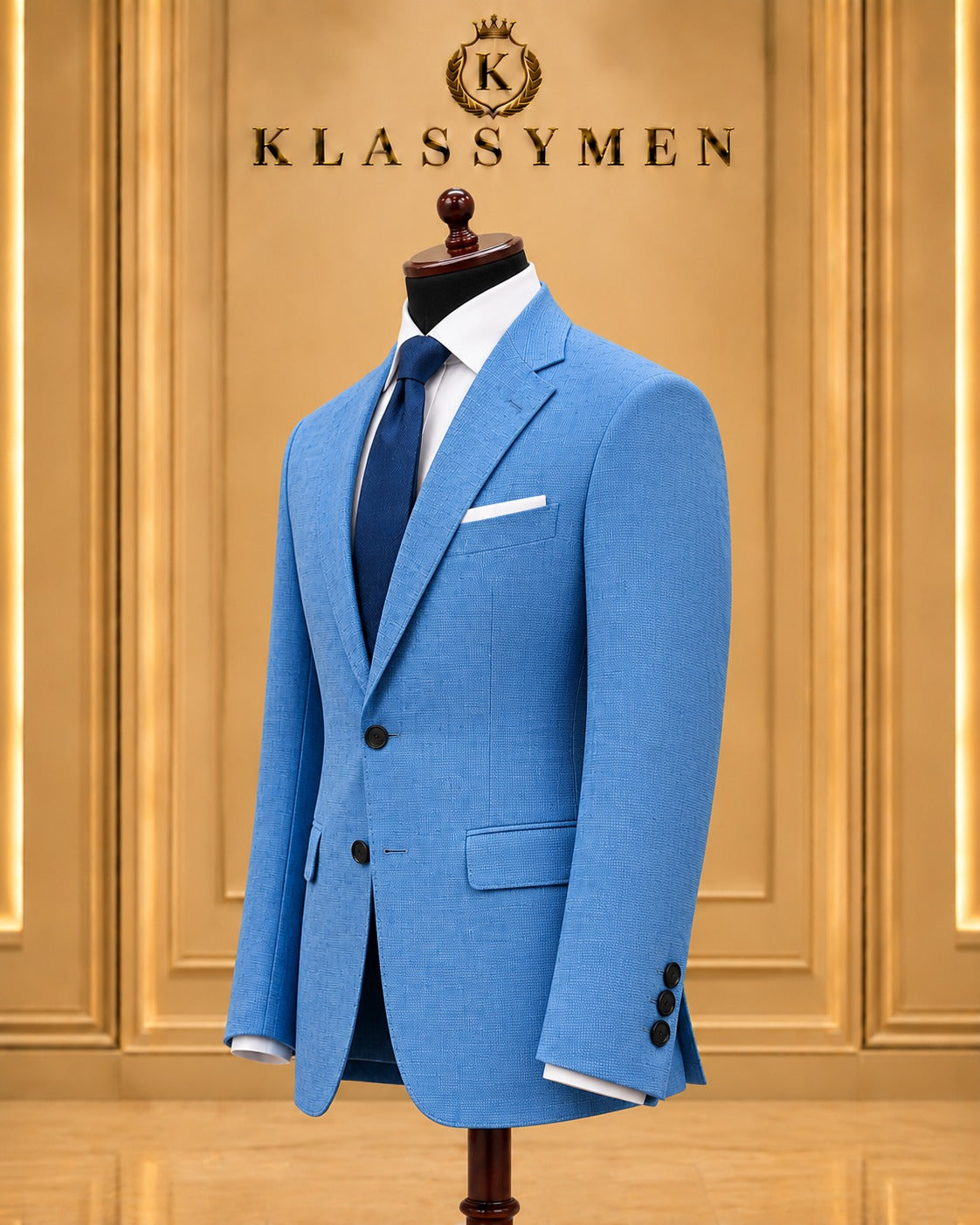 Blue Textured Two-Button Suit Jacket