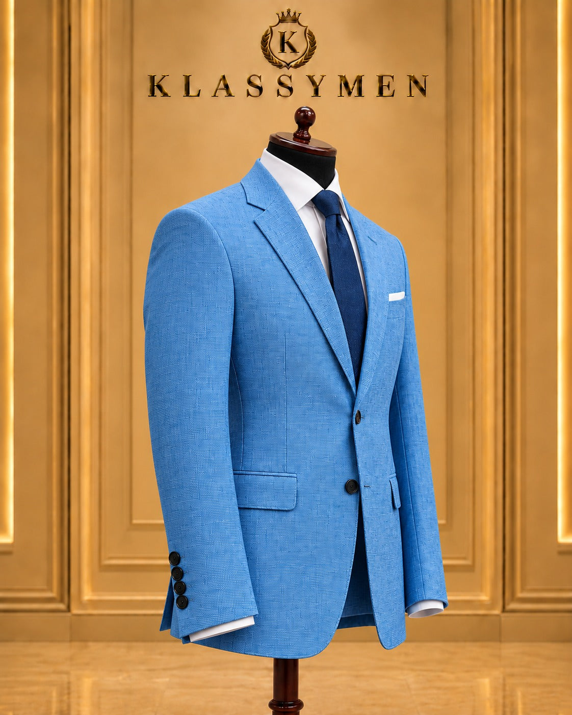 Blue Textured Two-Button Suit Jacket