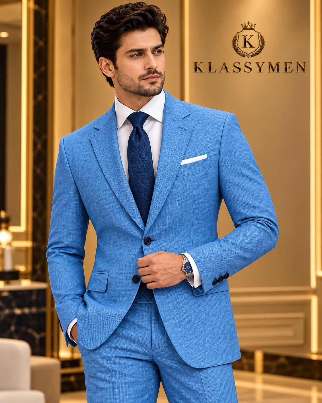 Blue Textured Two-Button Suit Jacket